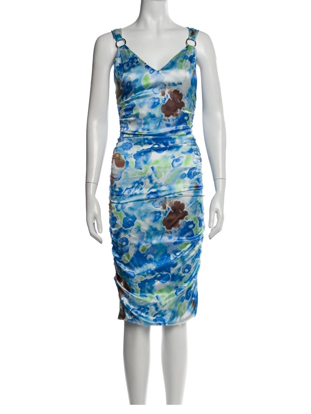 Versace Blue Green Watercolor Ruched V-Neck Midi Dress with Ring Straps